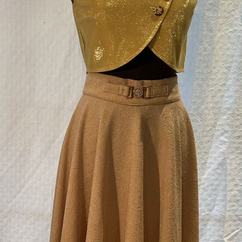 Conjunto chaleco de lame dorado con falda con bordados dorados